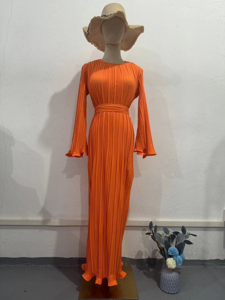 Autumn New Pleated Flared Sleeve Wedding Guest  Dress Abaya with Belt(MA193)