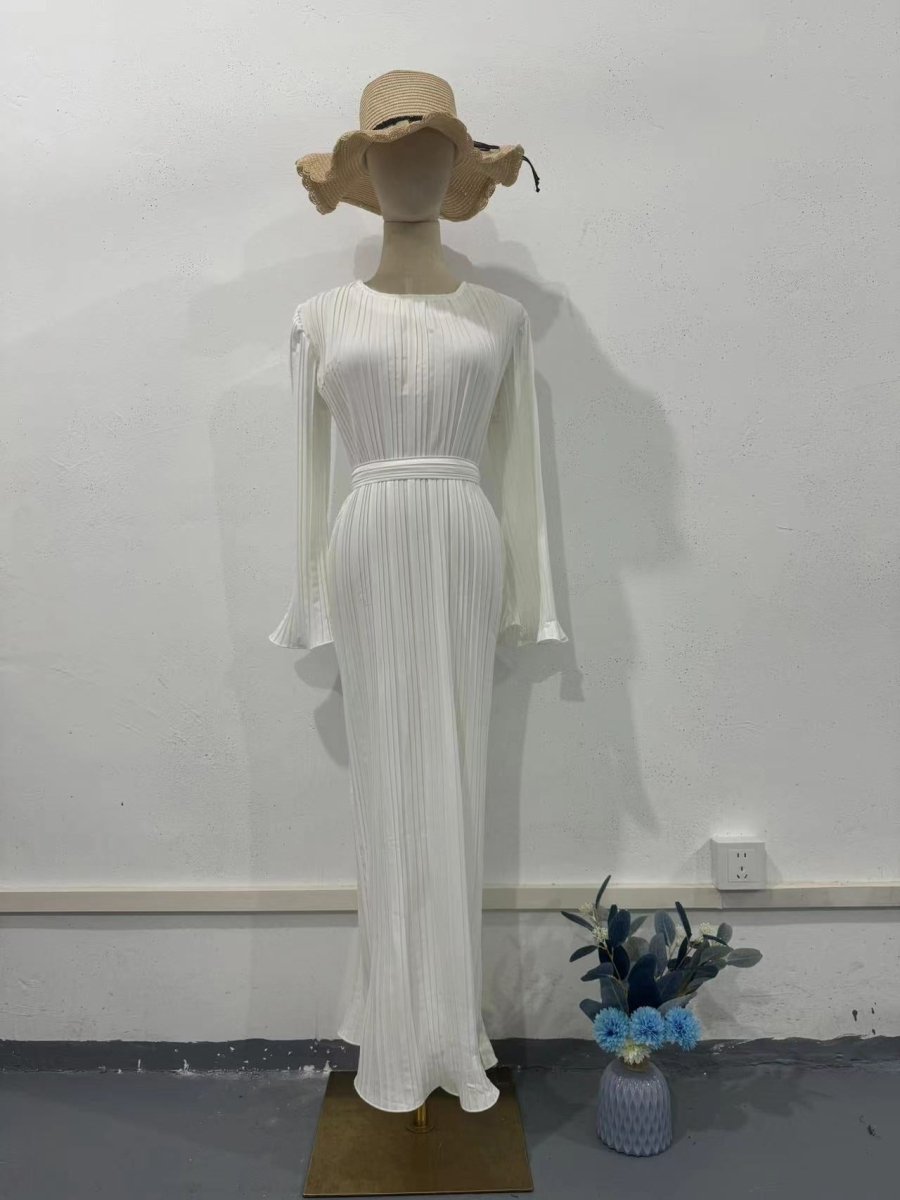 Autumn New Pleated Flared Sleeve Wedding Guest  Dress Abaya with Belt(MA193)
