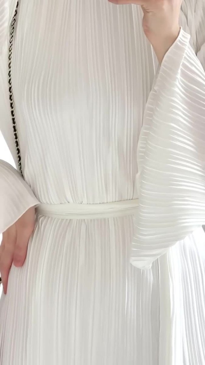 Autumn New Pleated Flared Sleeve Wedding Guest  Dress Abaya with Belt(MA193)