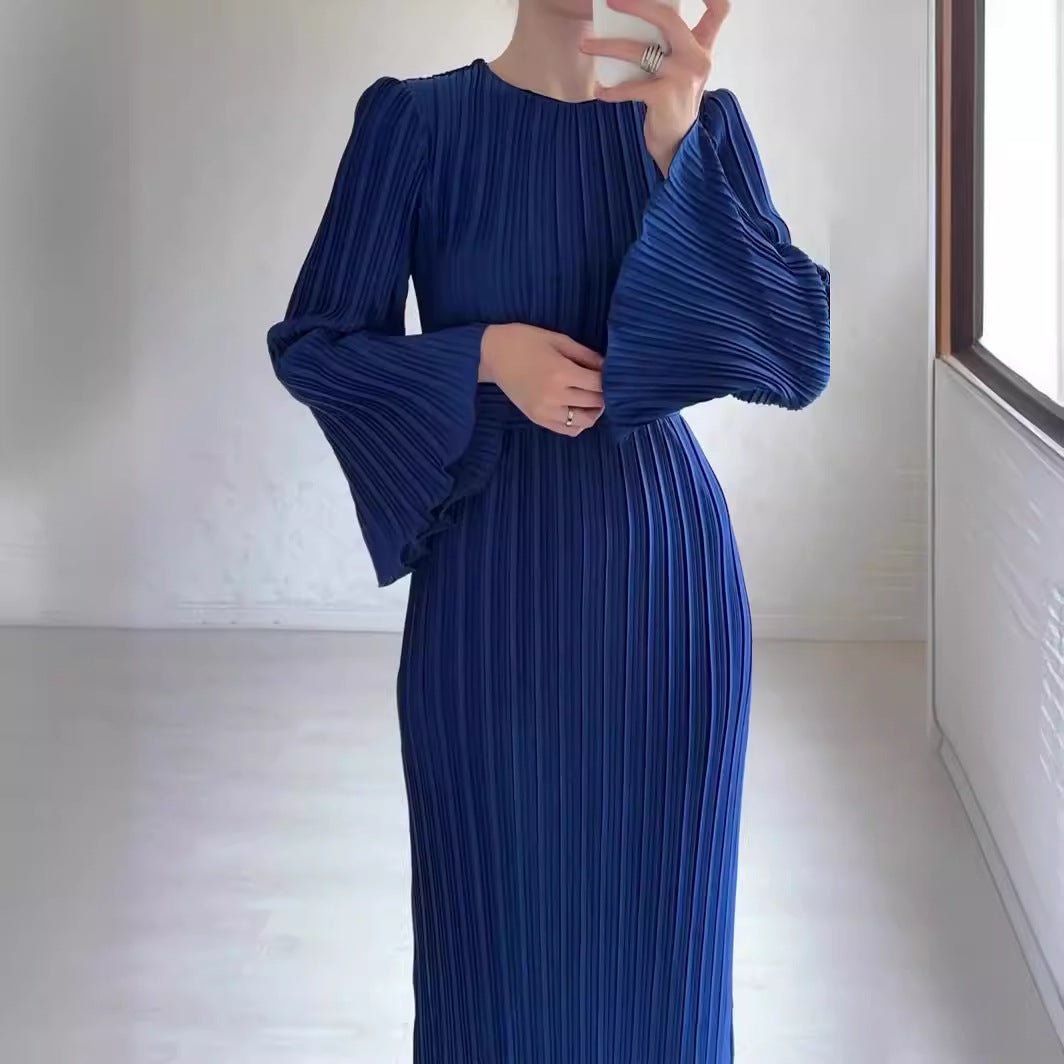 Autumn New Pleated Flared Sleeve Wedding Guest  Dress Abaya with Belt(MA193)