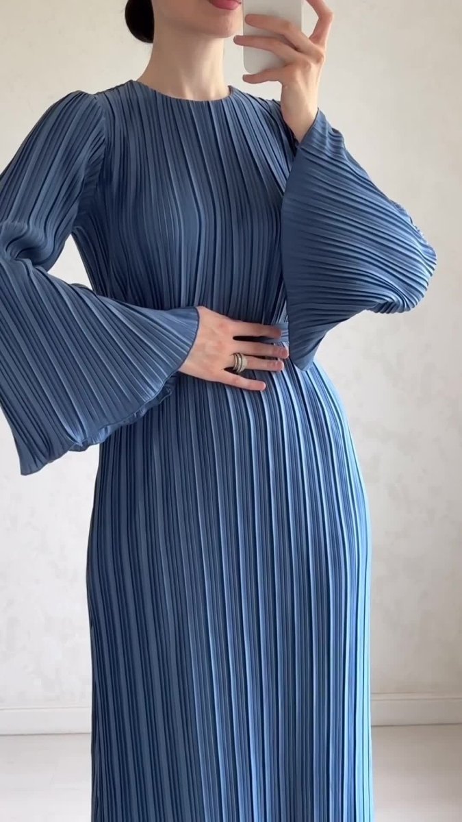 Autumn New Pleated Flared Sleeve Wedding Guest  Dress Abaya with Belt(MA193)