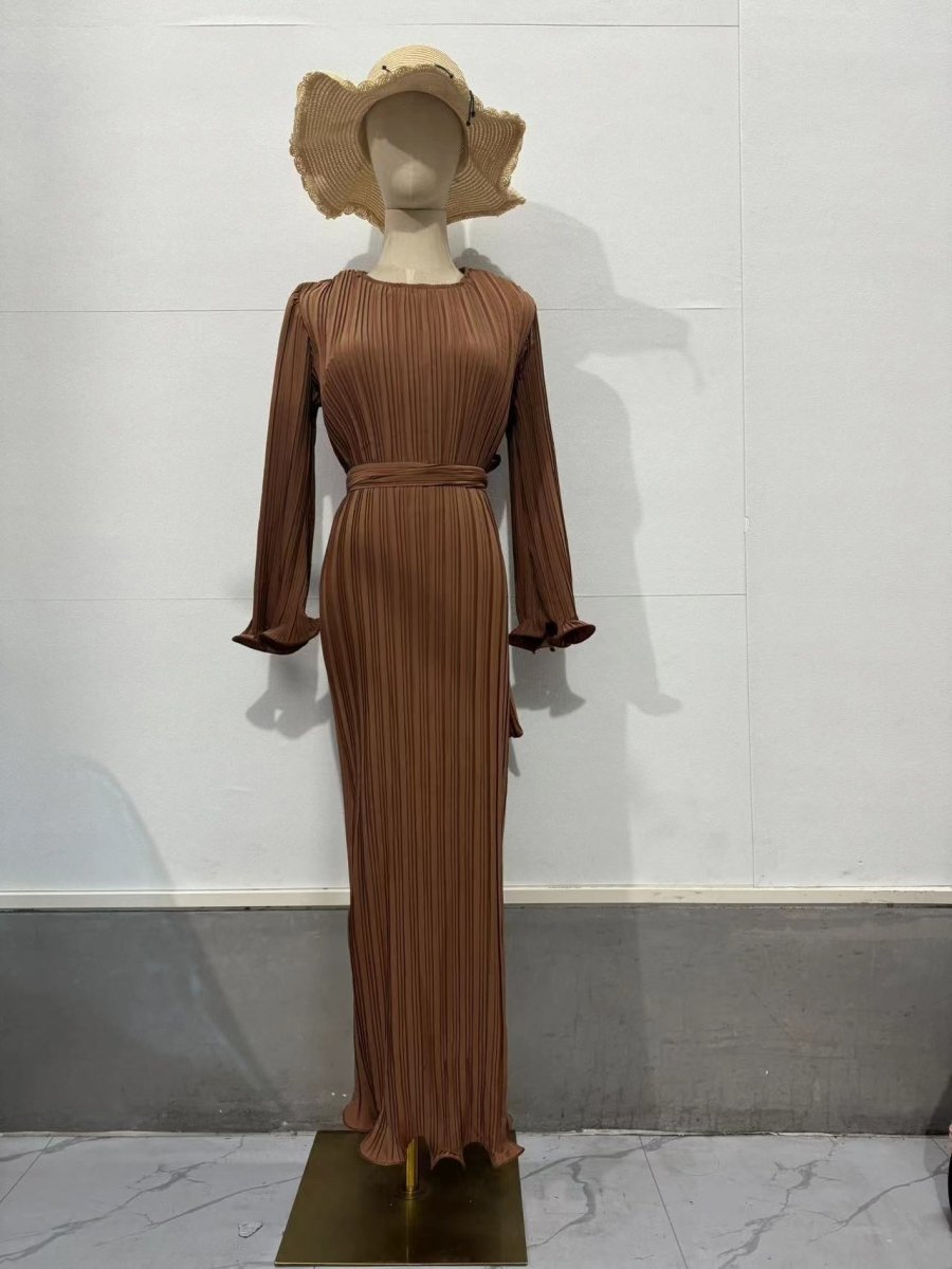 Autumn New Pleated Flared Sleeve Wedding Guest  Dress Abaya with Belt(MA193)