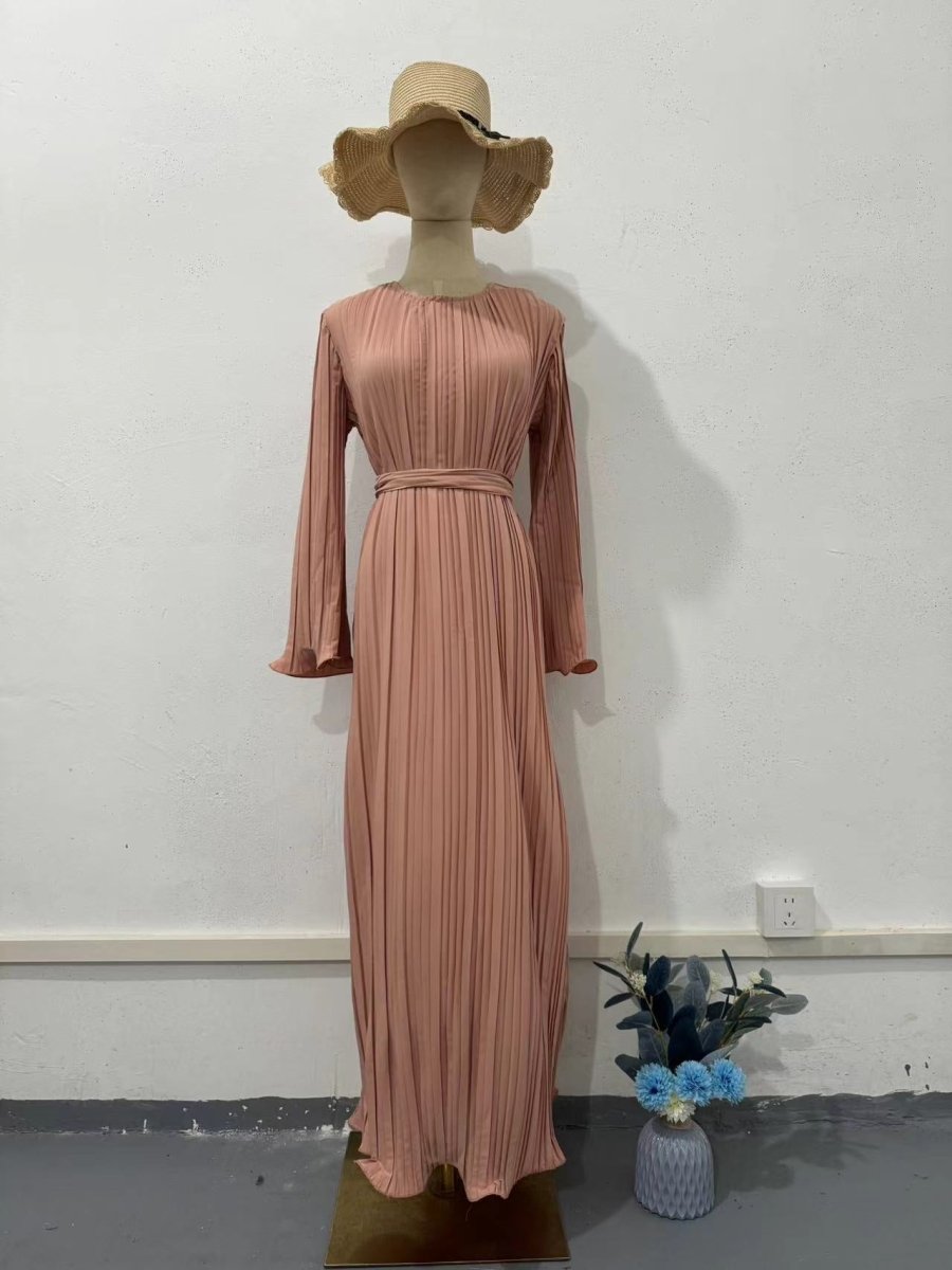 Autumn New Pleated Flared Sleeve Wedding Guest  Dress Abaya with Belt(MA193)