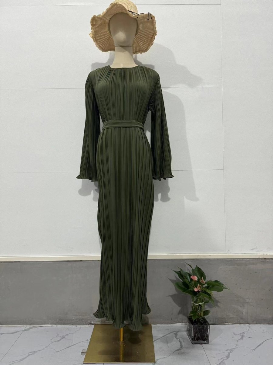 Autumn New Pleated Flared Sleeve Wedding Guest  Dress Abaya with Belt(MA193)