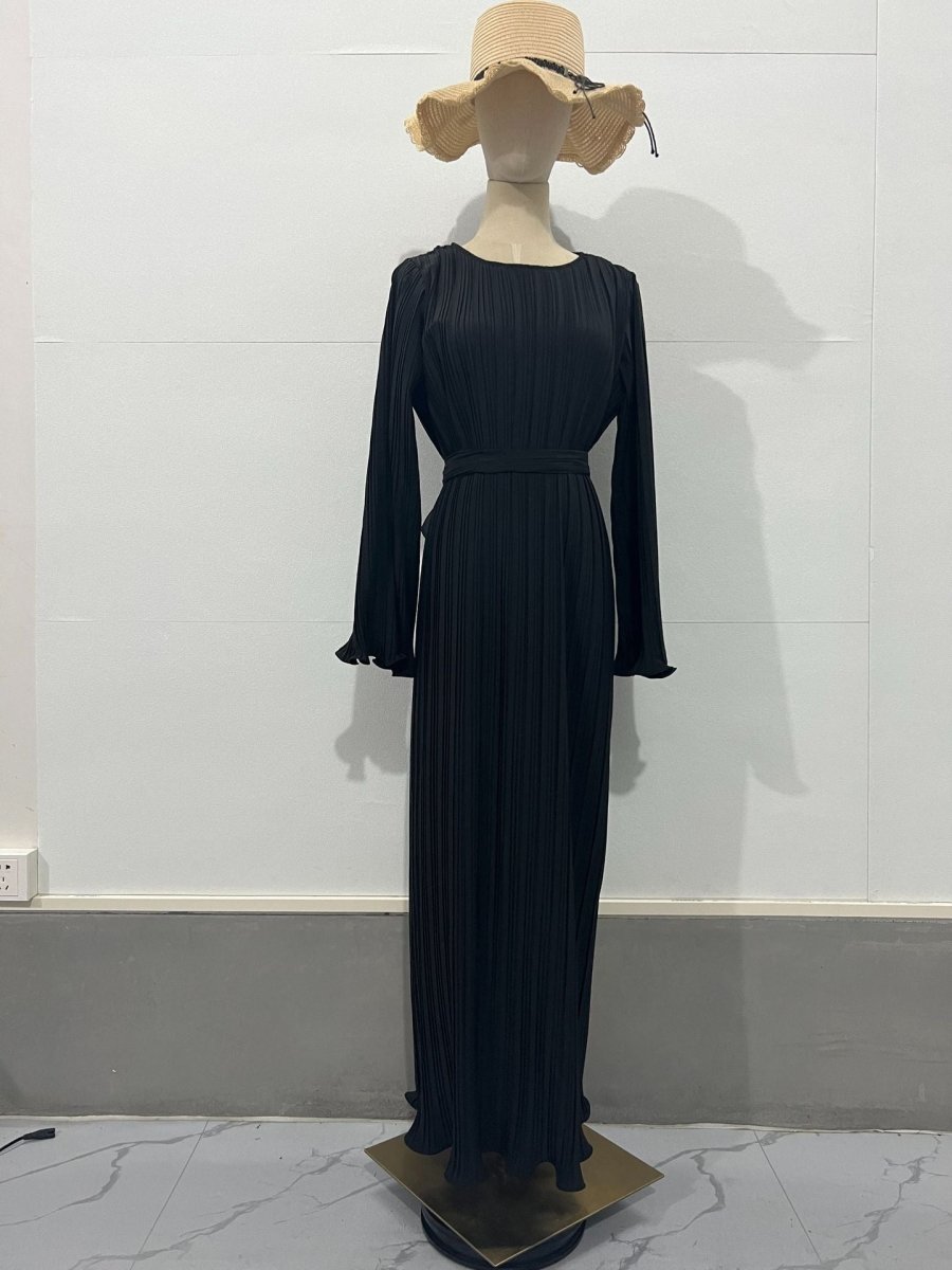 Autumn New Pleated Flared Sleeve Wedding Guest  Dress Abaya with Belt(MA193)