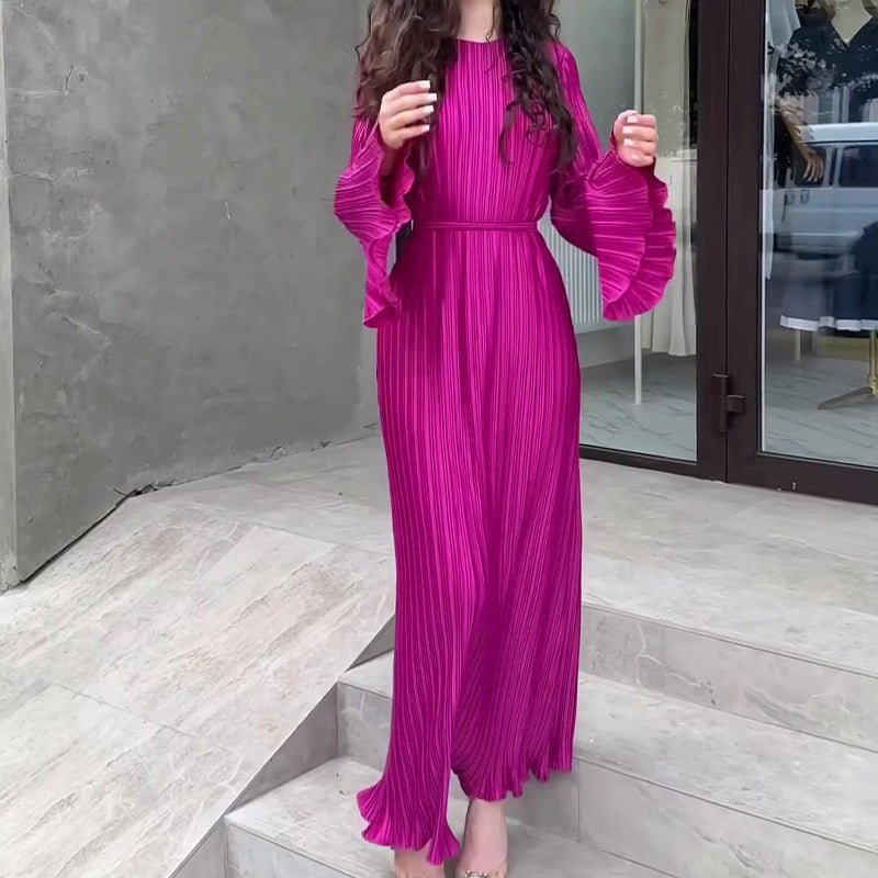 Autumn New Pleated Flared Sleeve Wedding Guest  Dress Abaya with Belt(MA193)