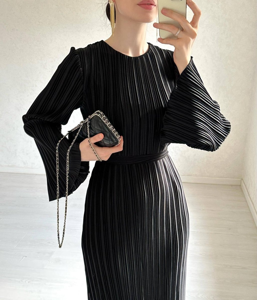 Autumn New Pleated Flared Sleeve Wedding Guest  Dress Abaya with Belt(MA193)