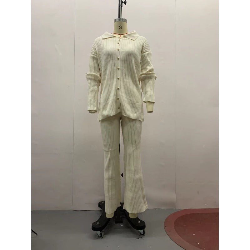 Autumn Winter Knit Two-Piece Set | Button-Up Collar Top & Elastic Waist Pants(MS125)