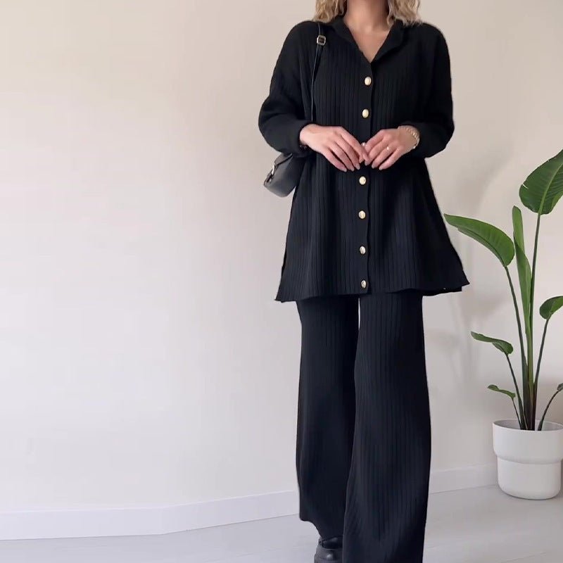 Autumn Winter Knit Two-Piece Set | Button-Up Collar Top & Elastic Waist Pants(MS125)