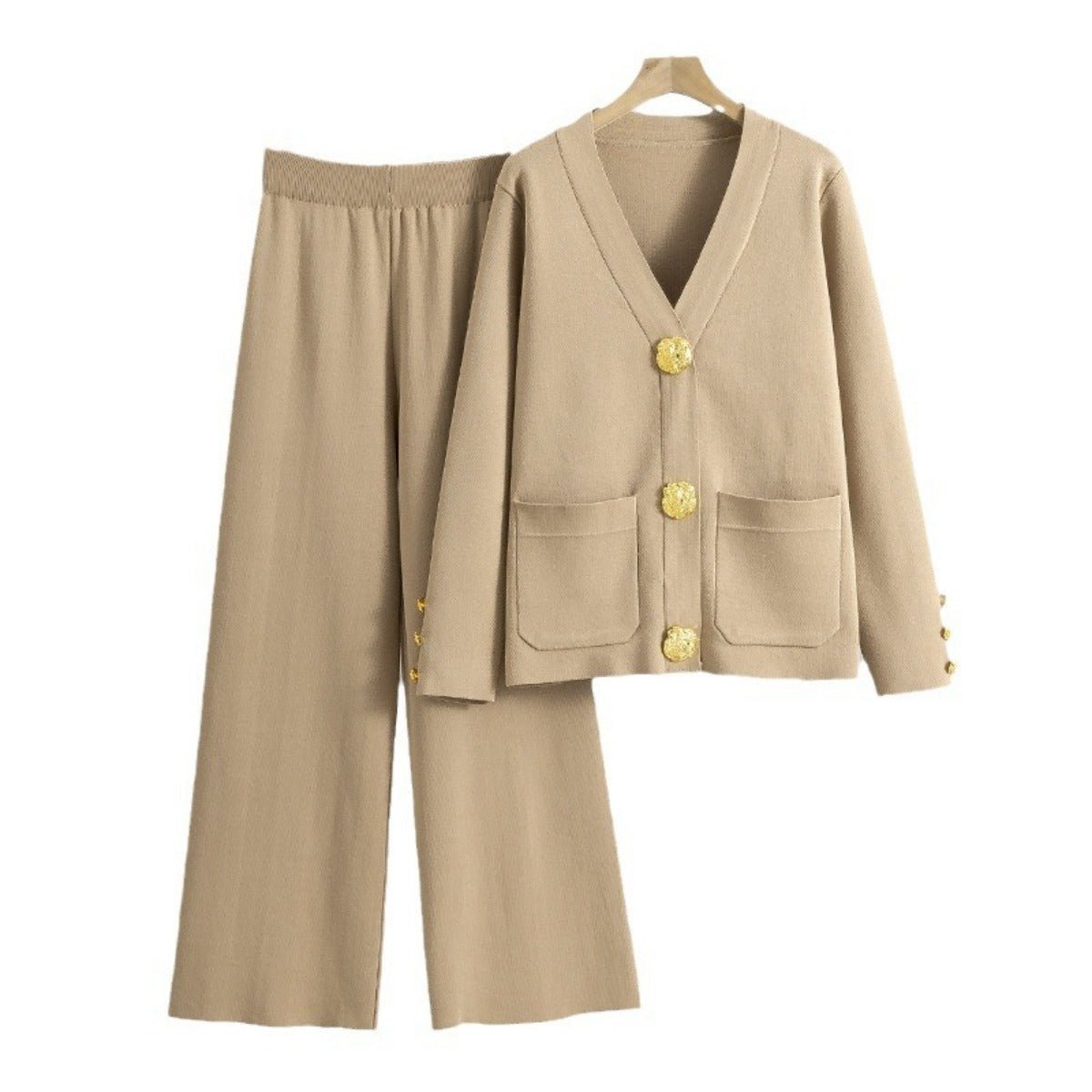 Autumn-Winter Knit V-Neck Gold Button Cardigan Two-Piece Set (MS089)