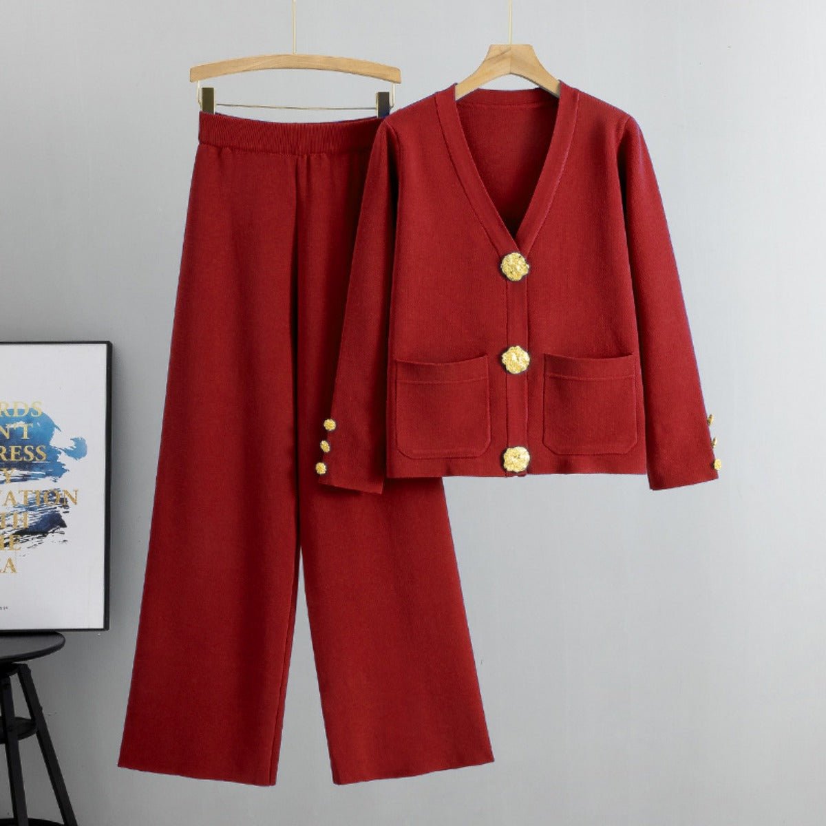 Autumn-Winter Knit V-Neck Gold Button Cardigan Two-Piece Set (MS089)