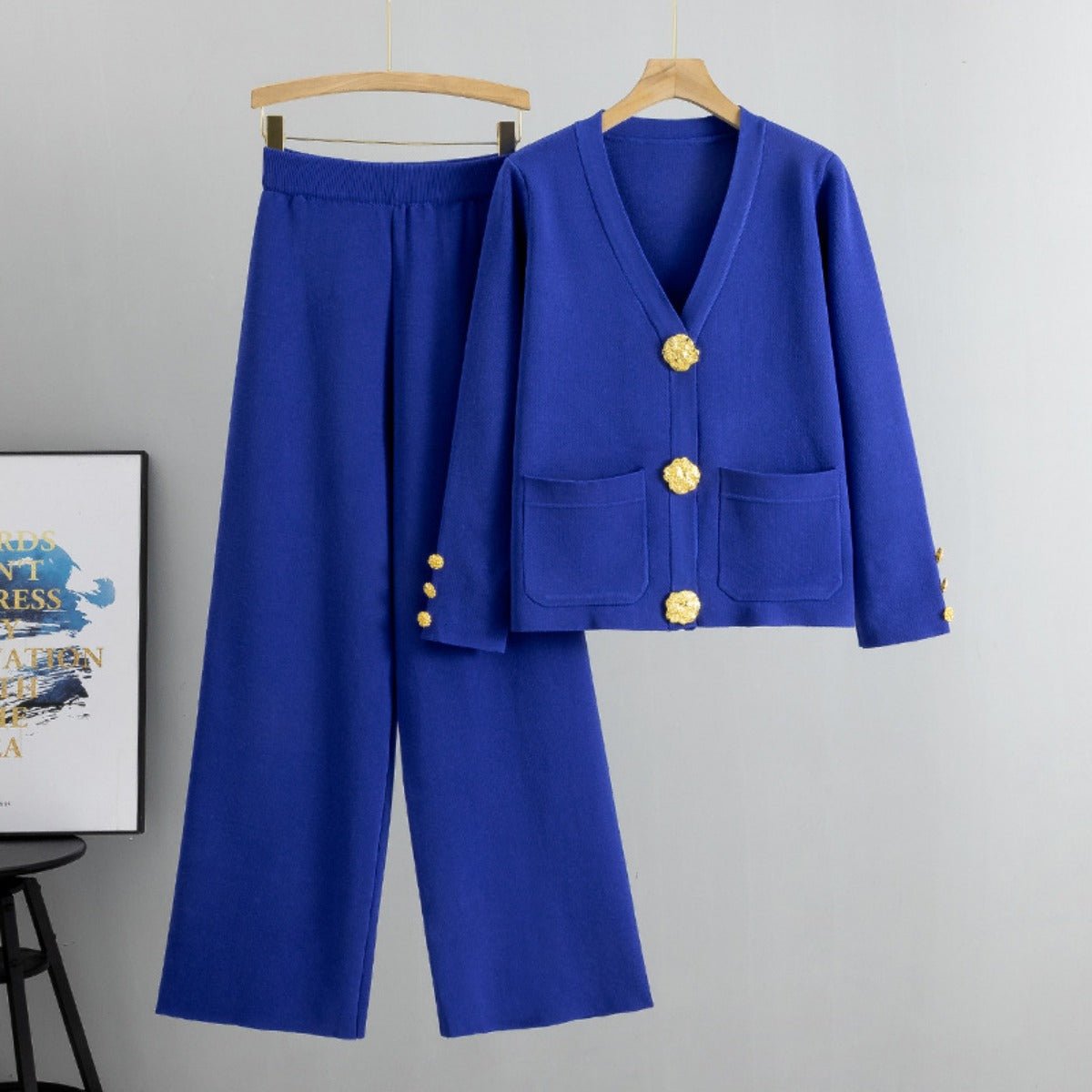 Autumn-Winter Knit V-Neck Gold Button Cardigan Two-Piece Set (MS089)