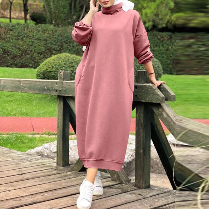 Autumn Winter  Lined Turtleneck Maxi Dress | Casual Sweatshirt Dress with Elastic Cuffs (MS138)