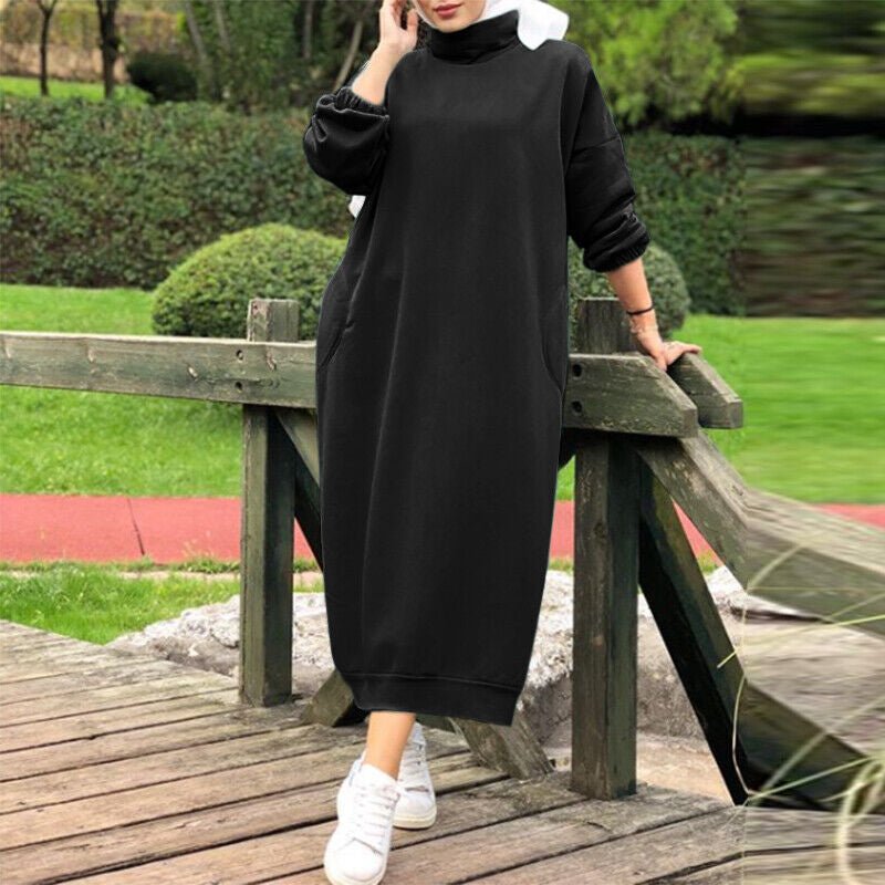 Autumn Winter  Lined Turtleneck Maxi Dress | Casual Sweatshirt Dress with Elastic Cuffs (MS138)