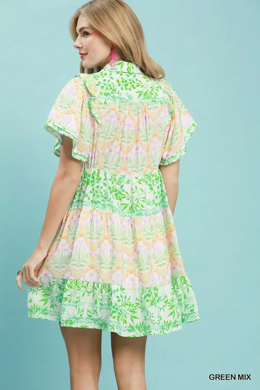 Umgee Mixed Floral Tiered Mini Dress with Flutter Sleeves
