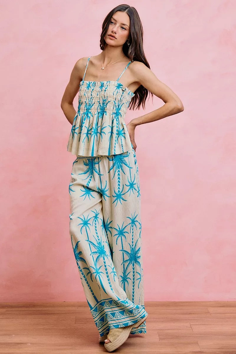 SO ME Palm Tree Smocked Bodice Adjustable Cami Top