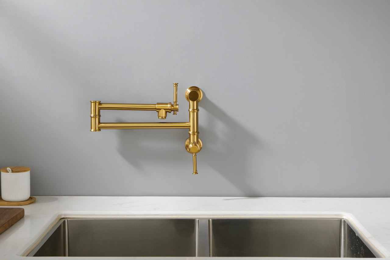 Wall mounted Pot Filler Faucet, Modern Brass Pot Filler Two-Attachment Wall Mount Folding Kitchen Pot Filler Swing Arm