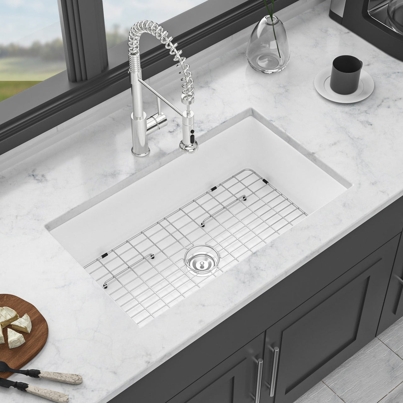 White Fireclay Rectangular Deep Single Bowl Sink 32x19x10 Inch Undermount Top Mount Porcelain Kitchen Sink