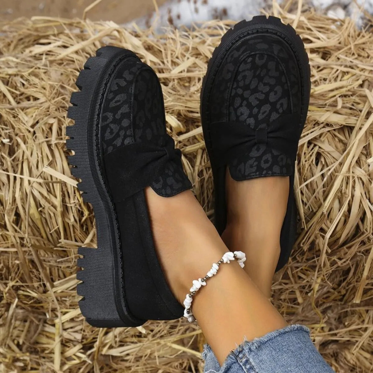 Bow Leopard Round Toe Loafers