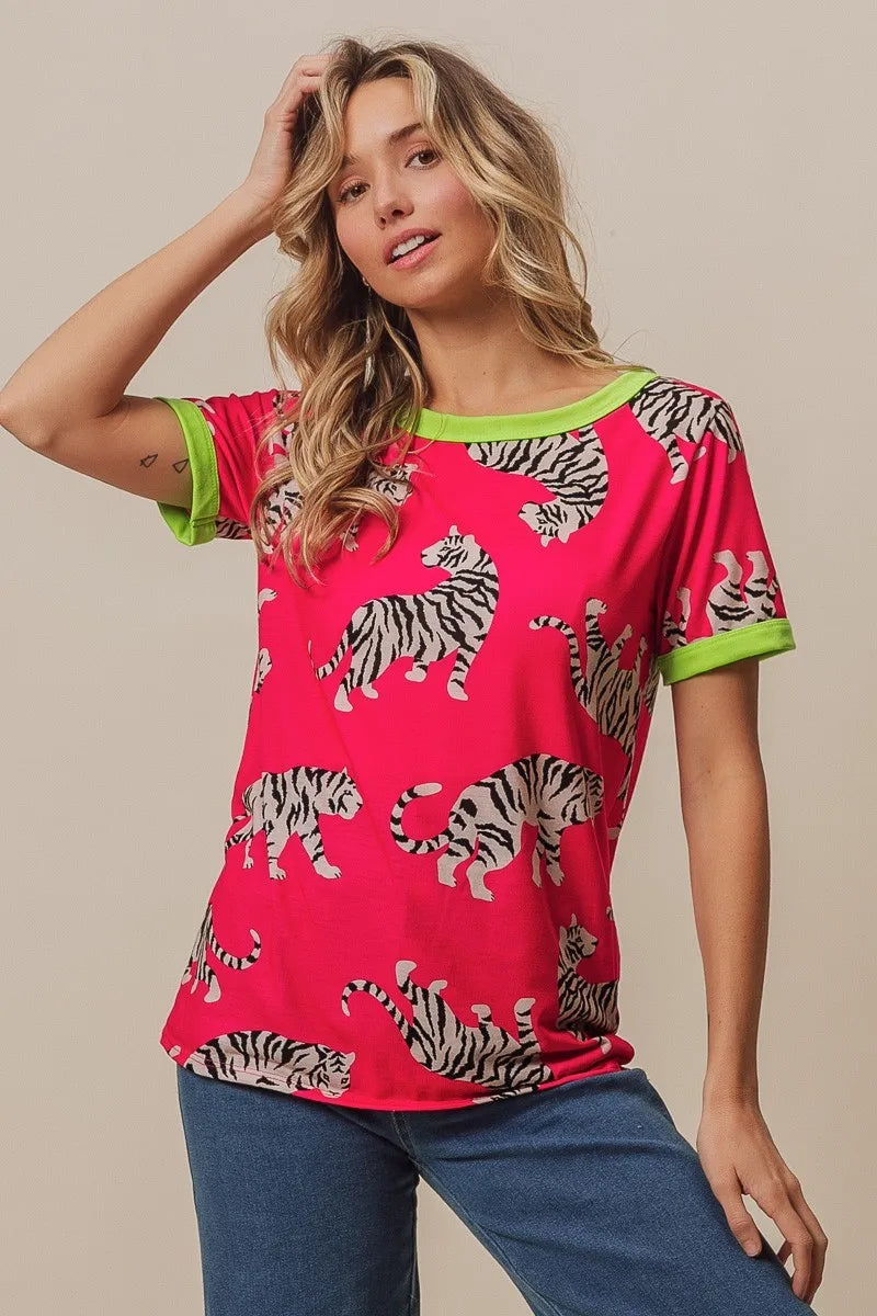 BiBi Big Tiger Print Jersey Contrast Ringer Top