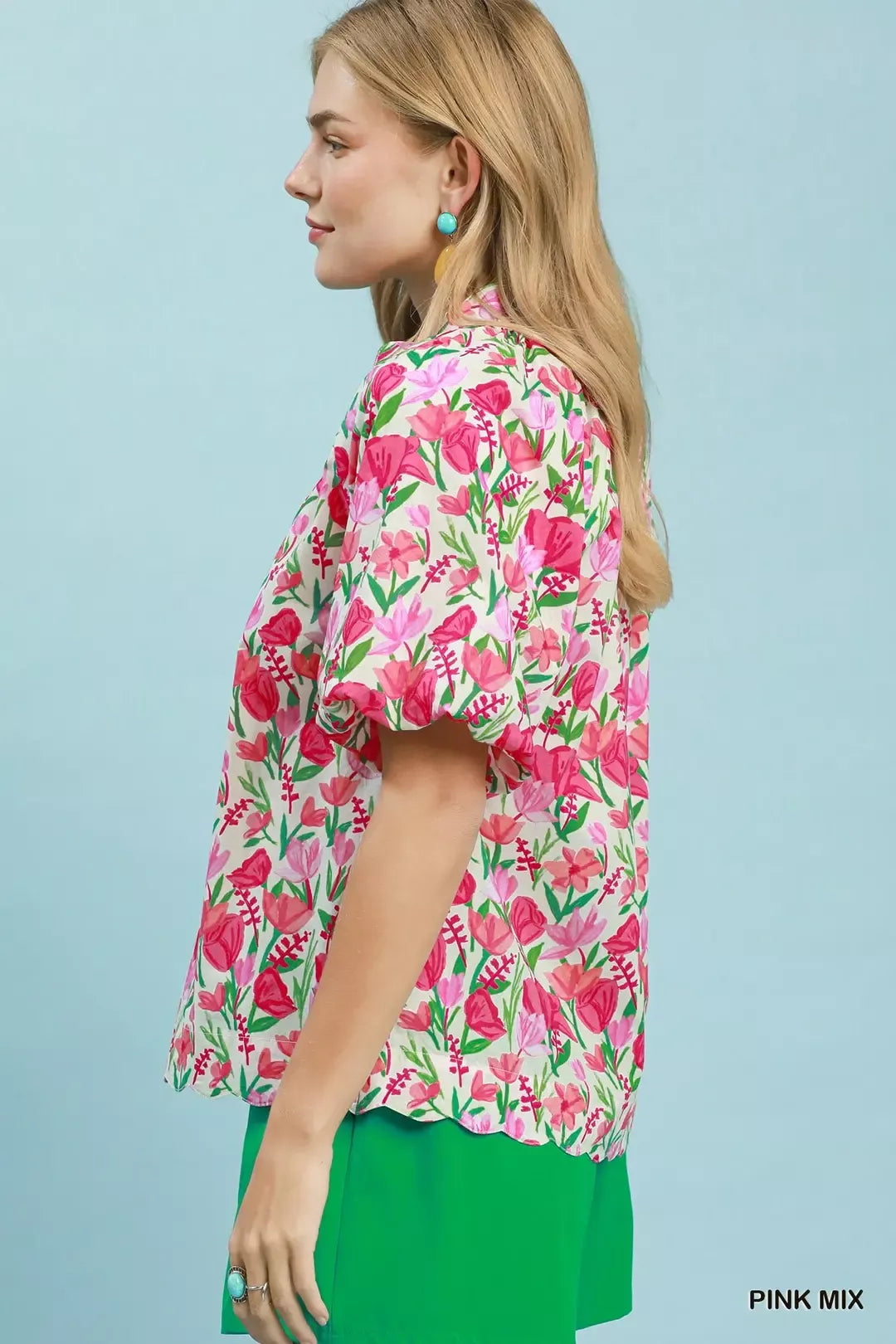 Umgee Floral Puff Sleeve Blouse with Scalloped Details