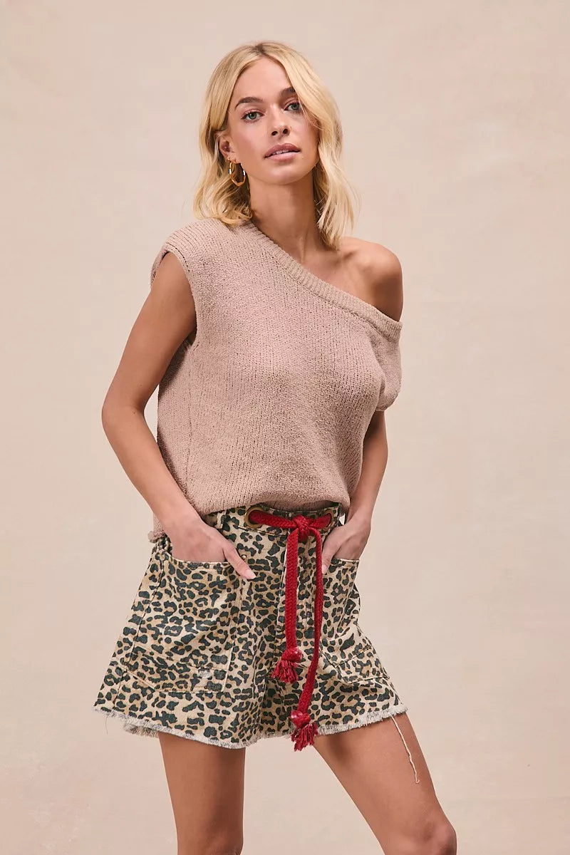 BiBi Braided Waist Belt Patch Pockets Leopard Print Shorts