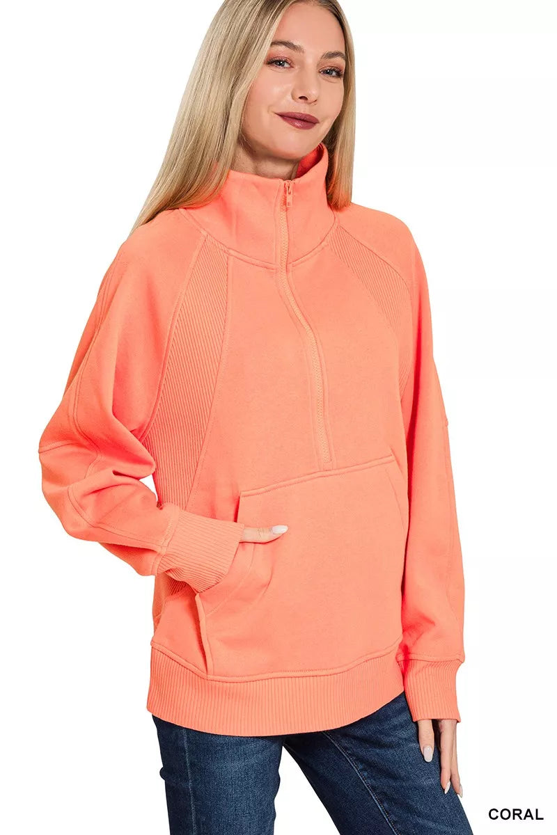Zenana Half Zip Fleece Sweatshirt with kangaroo Pocket