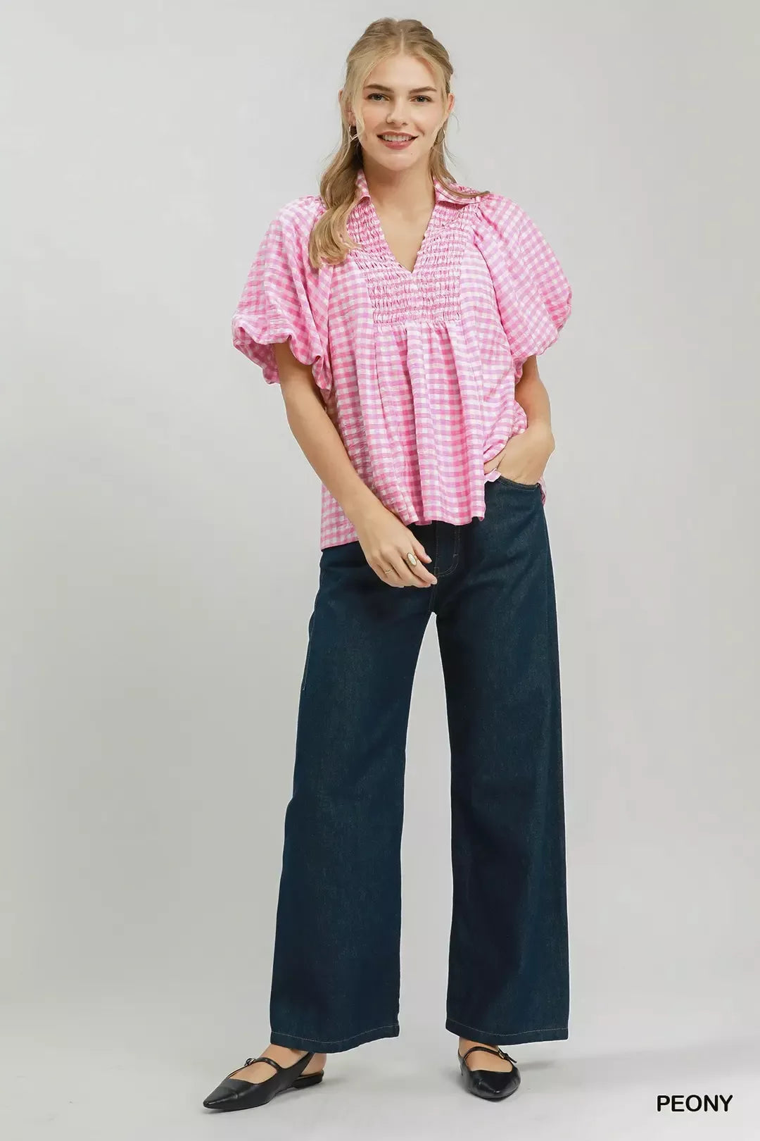 Umgee Smocked Yoke Puff Sleeve Gingham Blouse