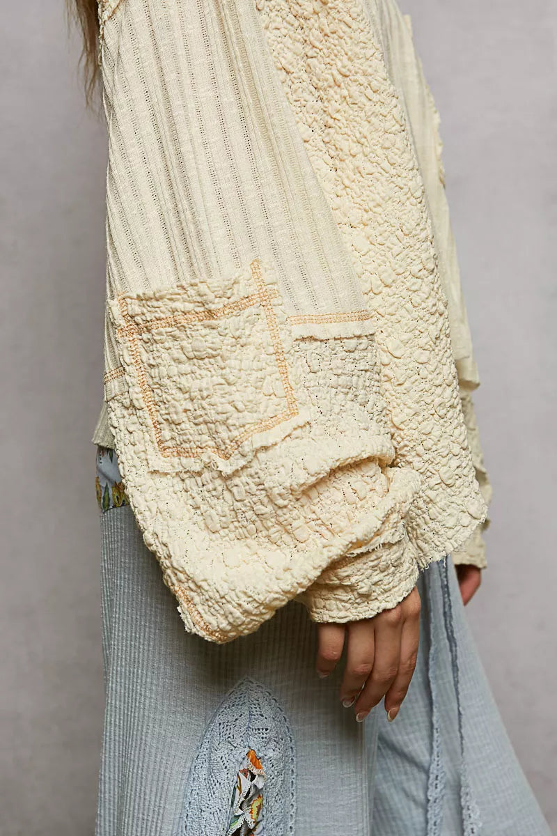 POL V-Neck Long Sleeve Top with Stitch Detail