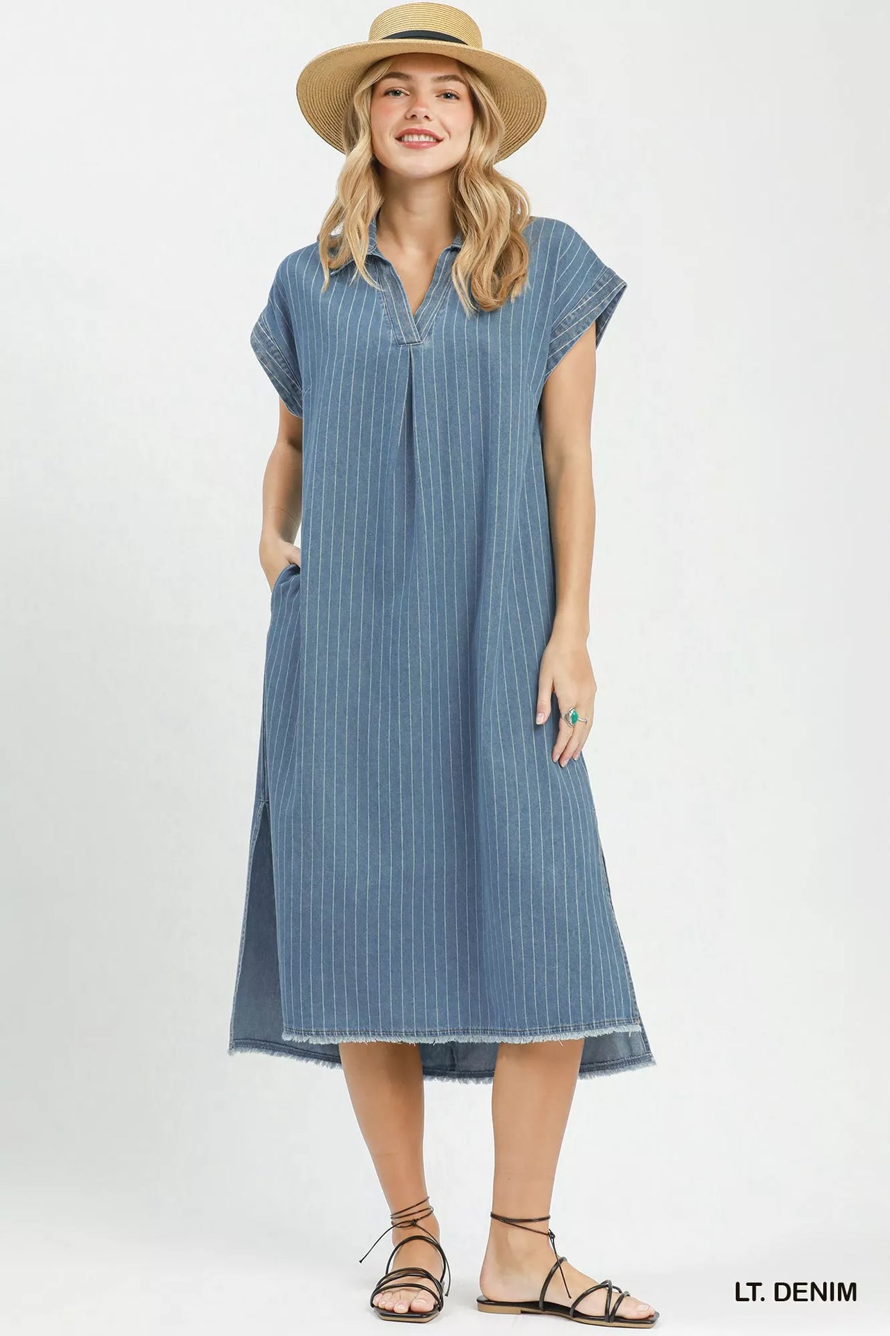Umgee Pinstripe Denim Collared Midi Dress with Side Slits