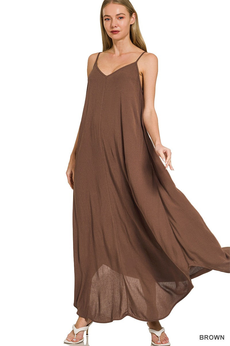 Zenana Woven Crinkle Cami Maxi Dress with Side Pockets