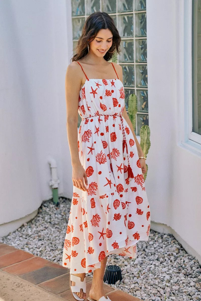 SO ME Shell Print Tiered Lined Midi Cami Dress With Belt