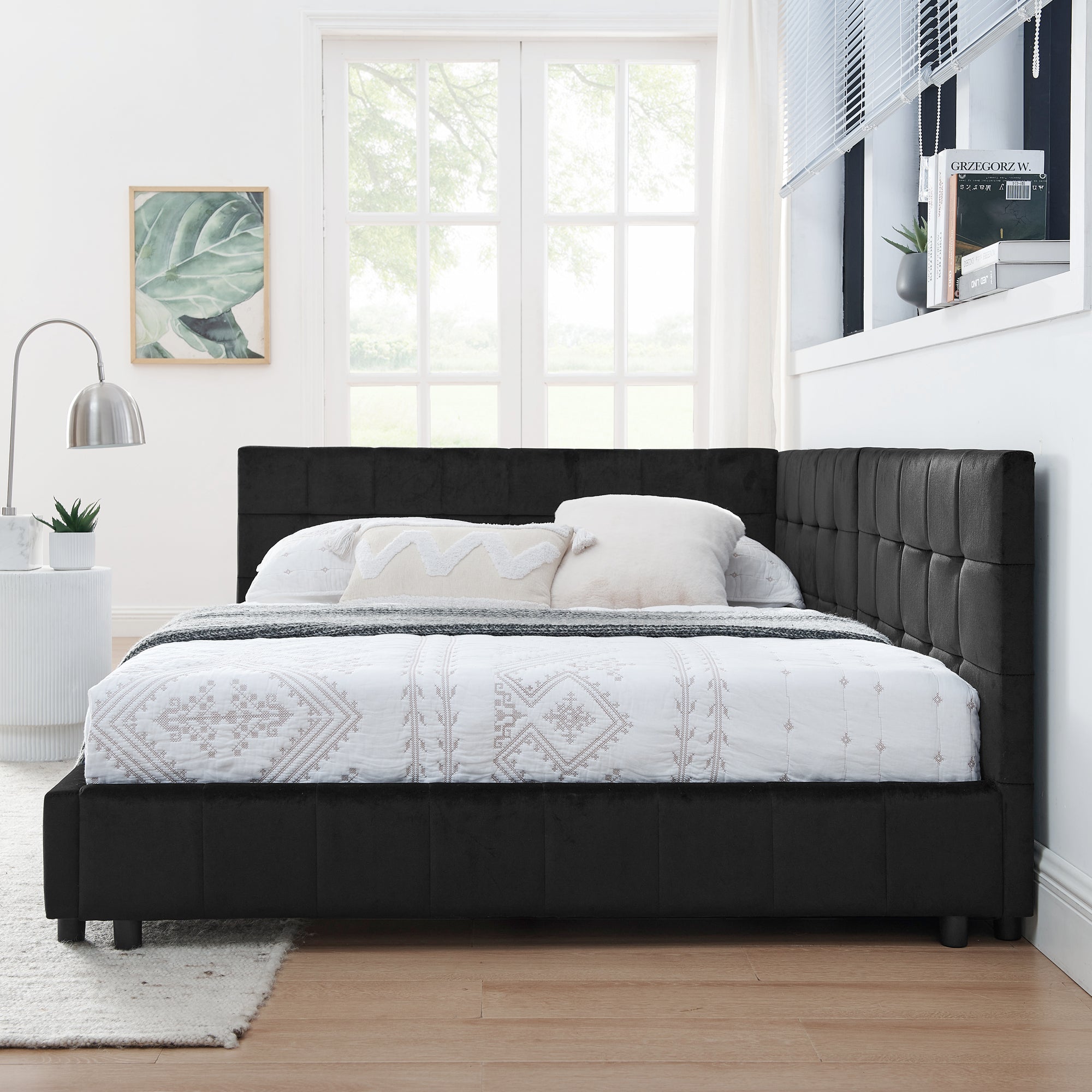 Mid-Century Full Size Upholstered Tufted Bed Frame with Comfortable Backrest and Armrests, Velvet, Black