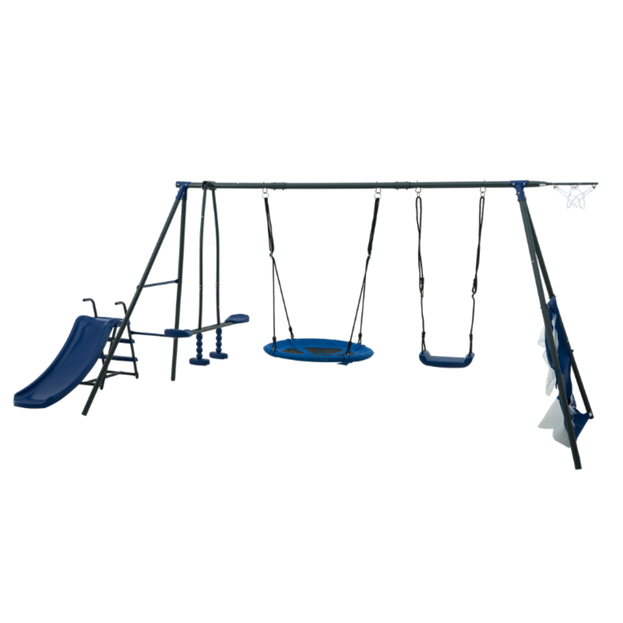 Multi unit Saucer Swingset with Mini Slide and Net Swing Grey Blue Steel Outdoor Playground 31.5in