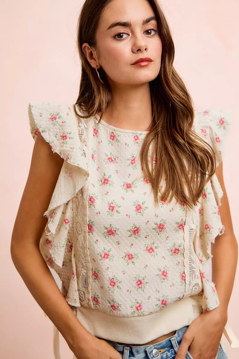 BiBi Flower Printed Ruffle Sleeve Trim Detail Top