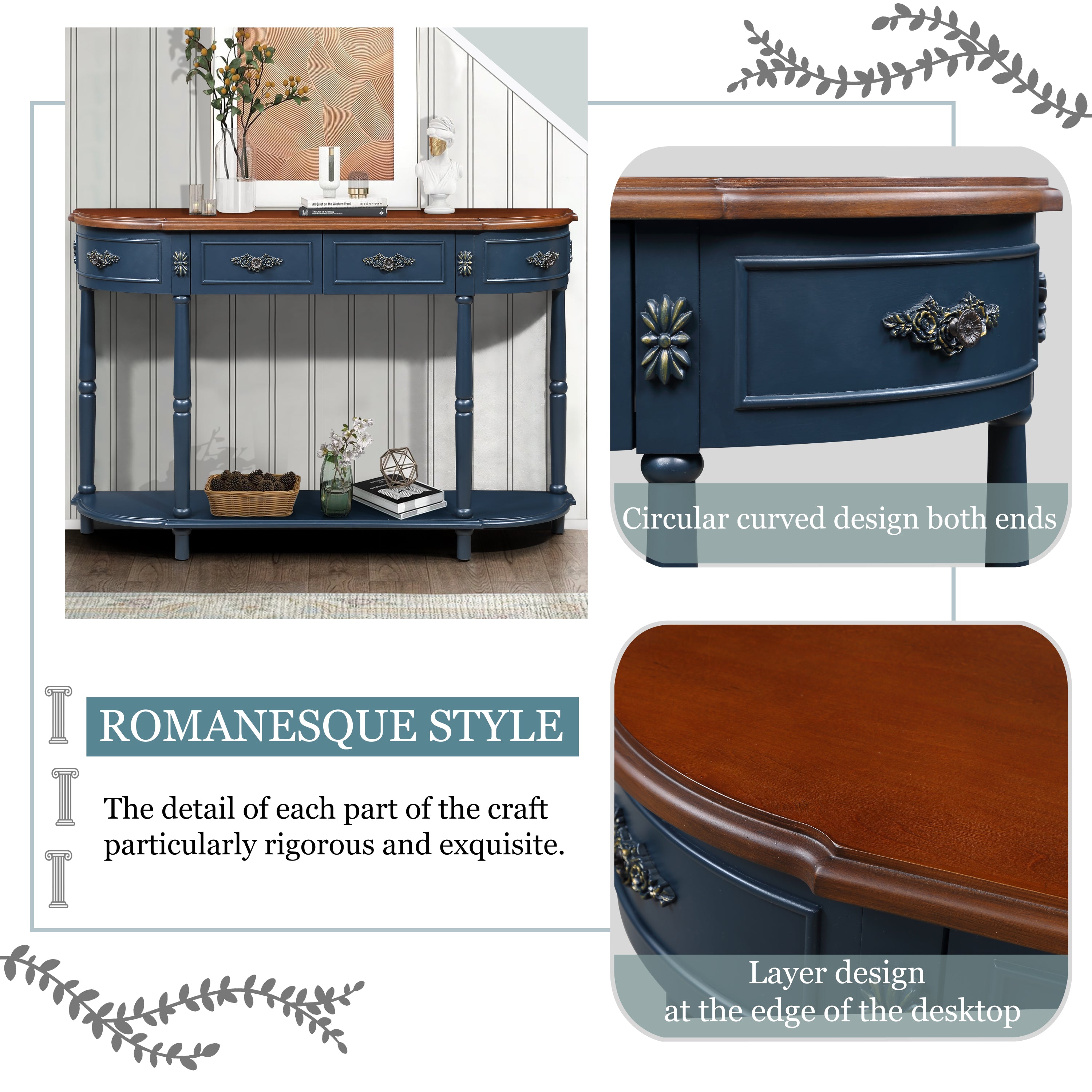 Retro Curved Wood Console Table, 52 inch Circular Half Moon Sofa Table with Open Shelf and 2 Drawers, Solid Wood Entry Table for Living Room, Hallway, Navy Blue + Brown Top