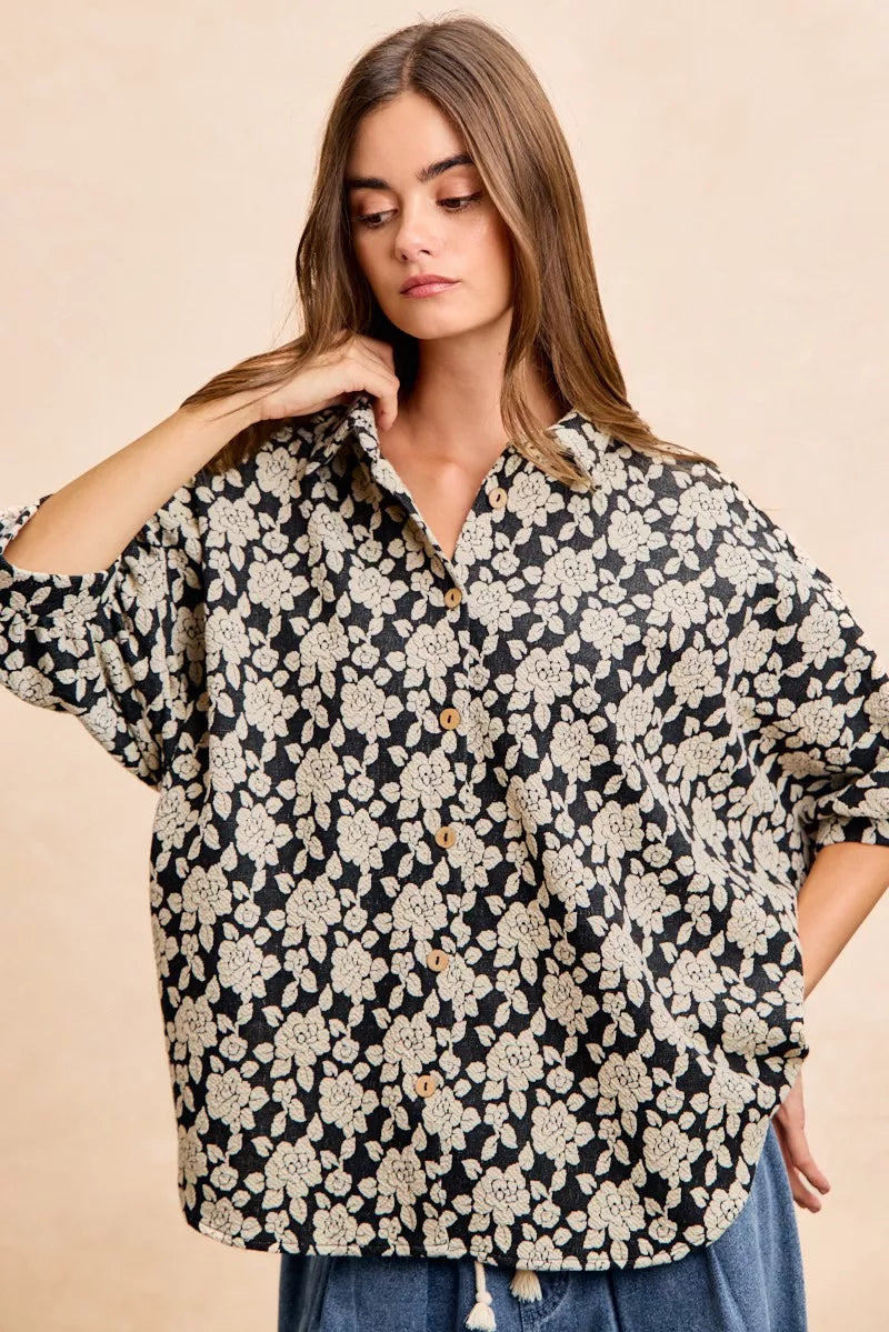 BiBi Floral Jacquard Short Dolman Sleeves Shirt
