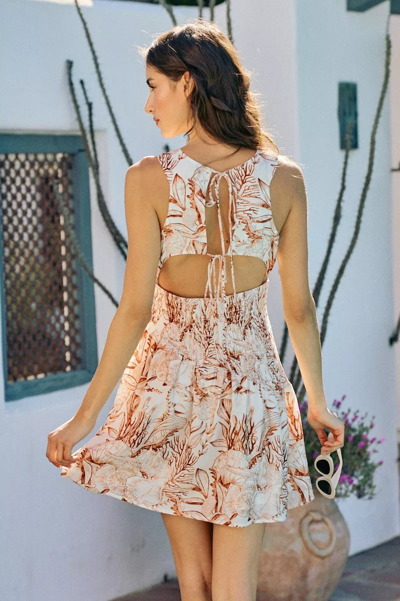 SO ME Shell Print Smocked Fit And Flare Mini Lined Dress