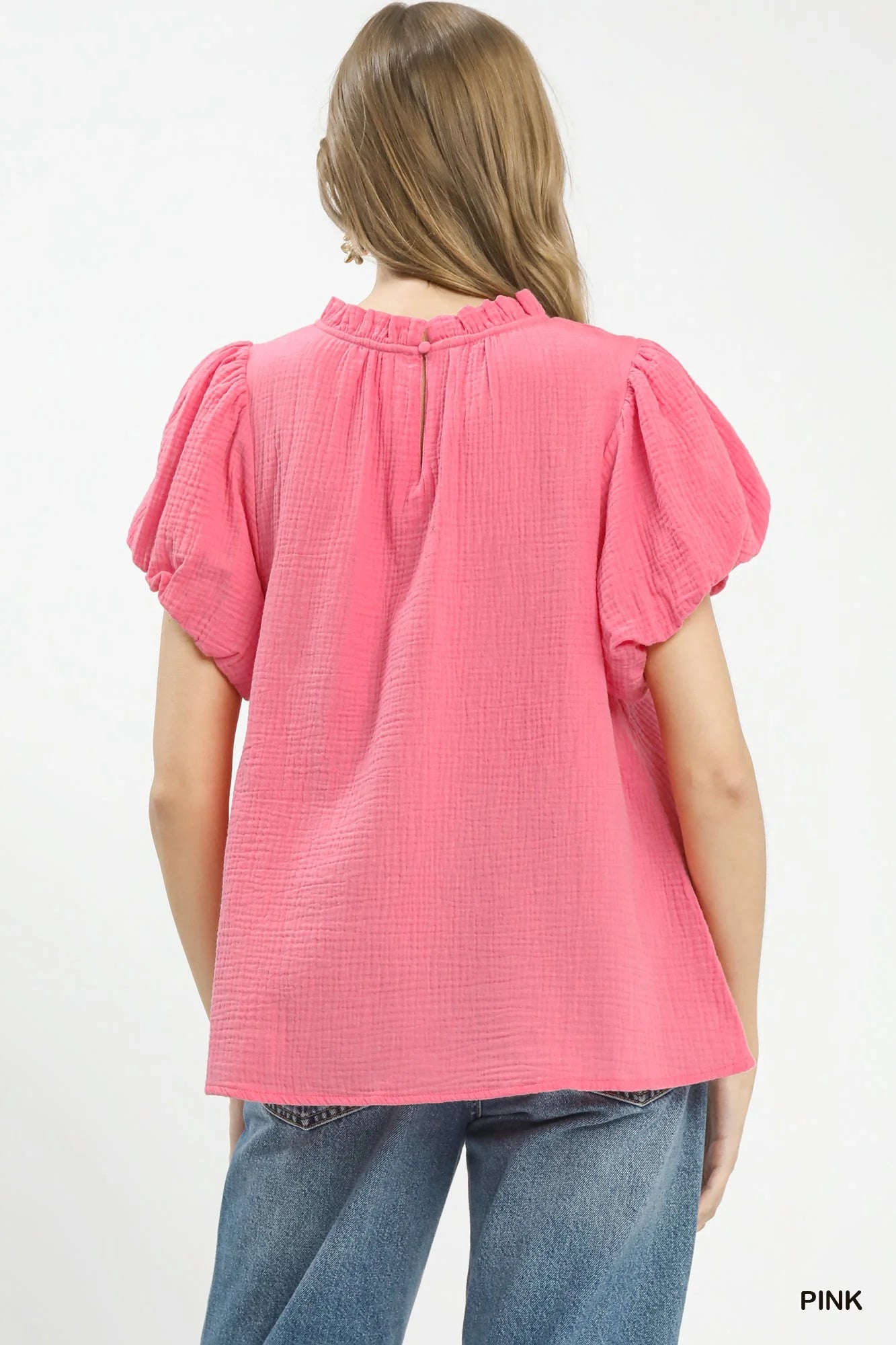 Umgee Textured Gauze Ruffle Neck Boho Top