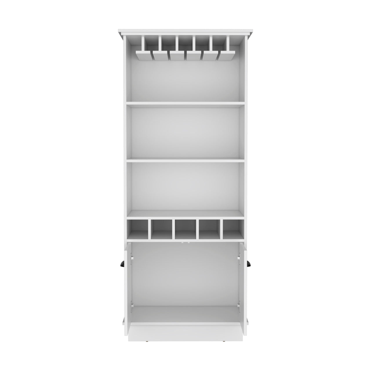 70'H Bar Cabinet with Wine Rack, Upper Glass Cabinet, three Open Storage Shelves and One Cabinet,White