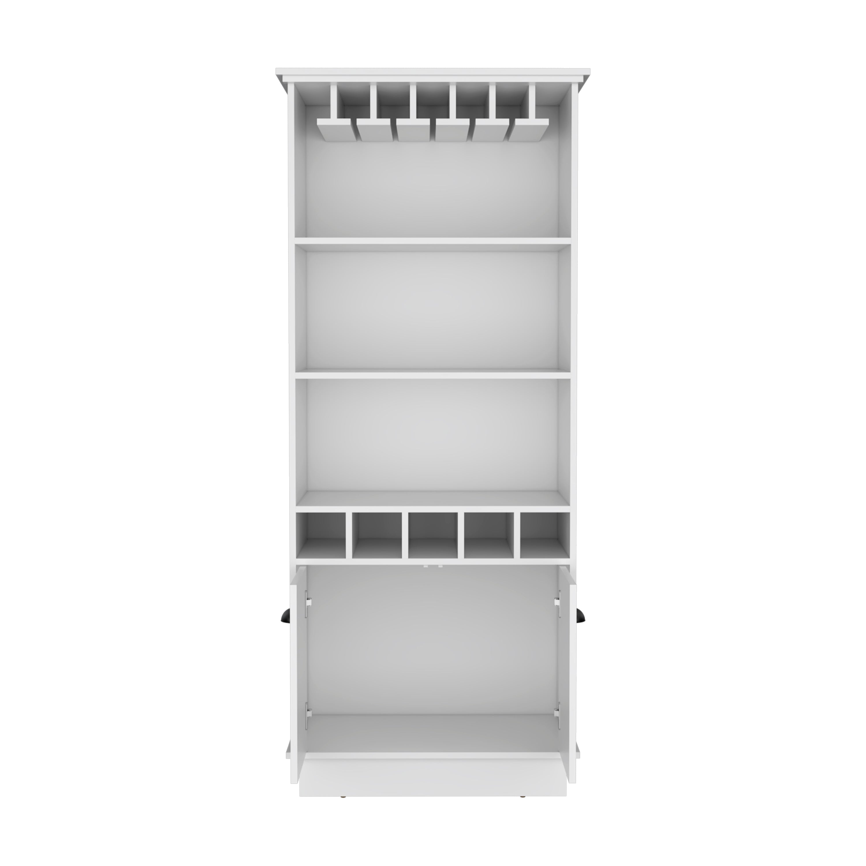 70'H Bar Cabinet with Wine Rack, Upper Glass Cabinet, three Open Storage Shelves and One Cabinet,White
