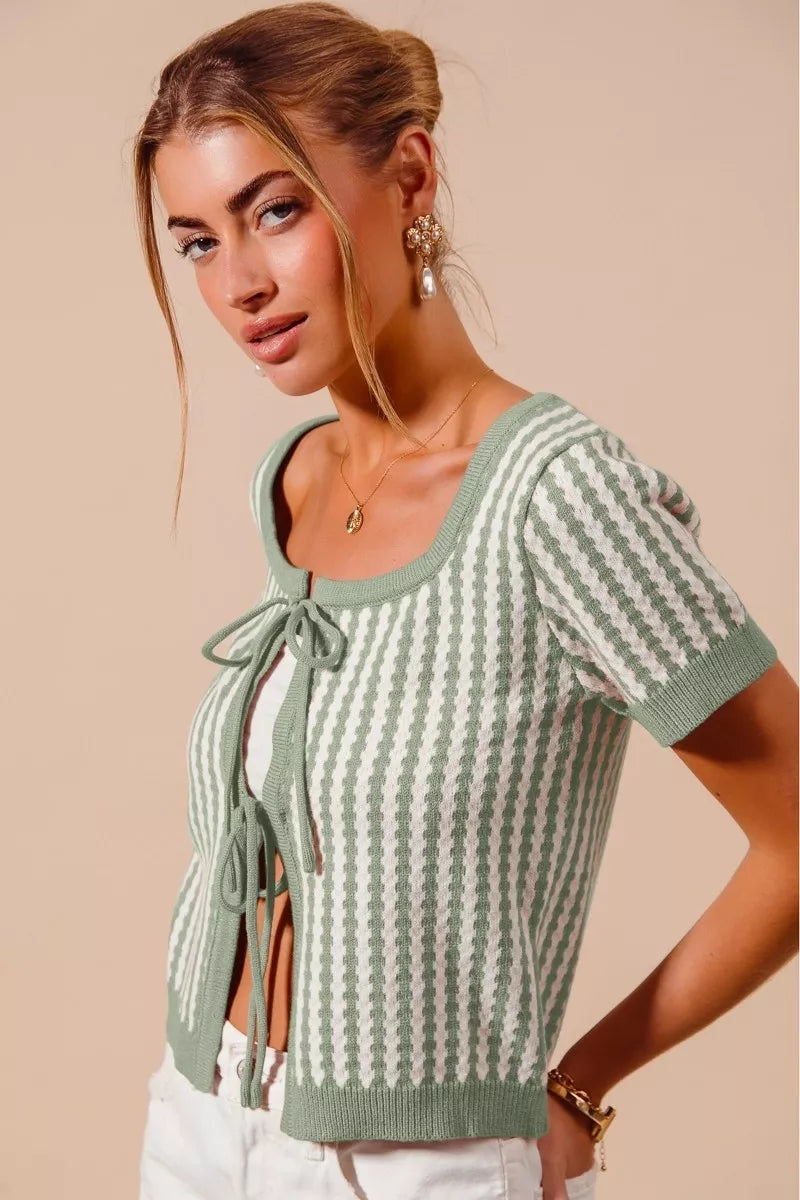 SO ME Tie Front Textured Vertical Stripe Knit Cardigan