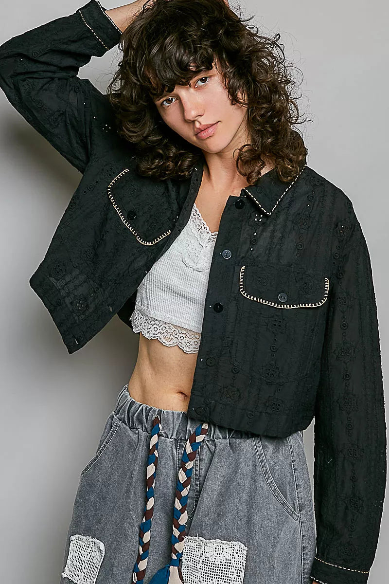 POL Cropped Button-Front Eyelet Cotton Jacket