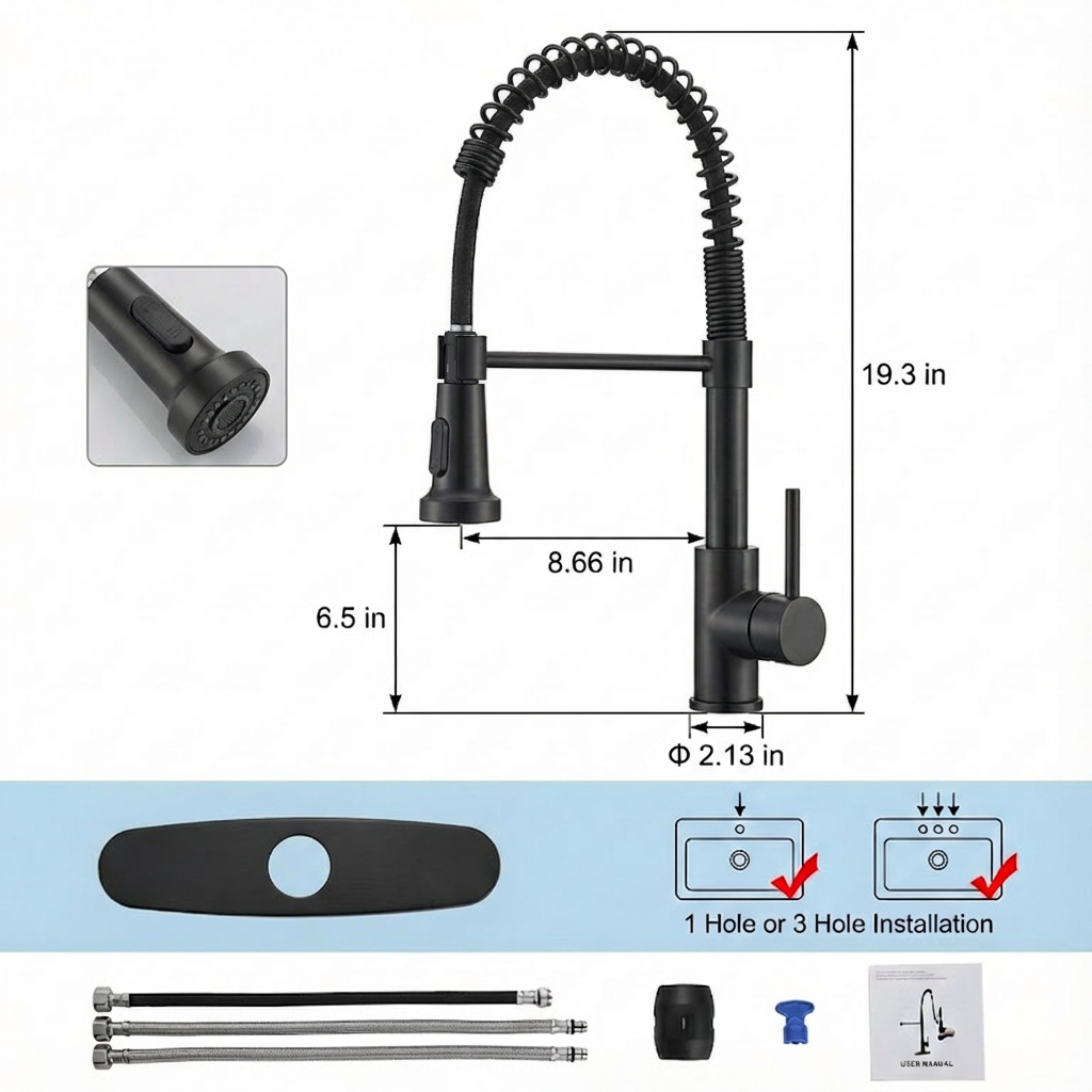 Kitchen Faucet with Pull Down Sprayer Industrial 1 Handle 1 Hole Or 3 Hole Faucet for Farmhouse Camper Laundry Utility Rv Wet Bar Sinks, Stainless Steel, Matte Black