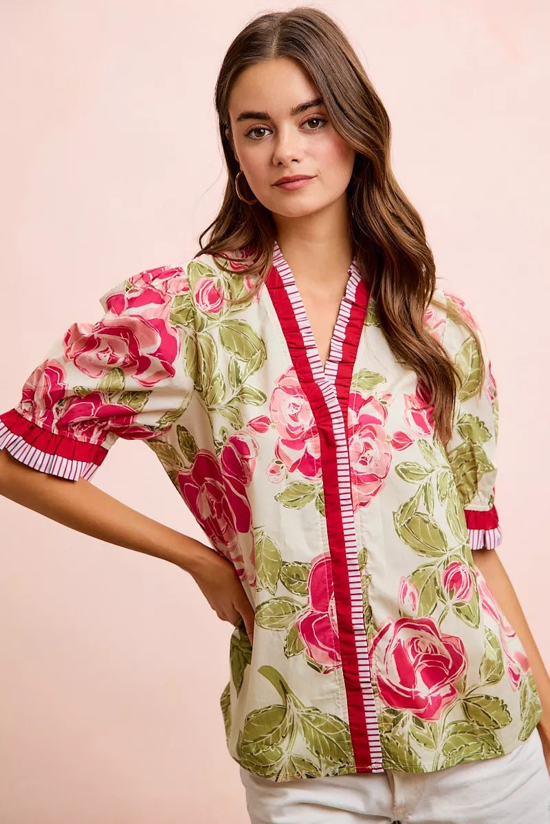 BiBi Floral Printed Woven Contrast Edge Ruffled Blouse