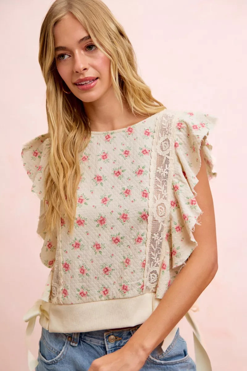 BiBi Flower Printed Ruffle Sleeve Trim Detail Top
