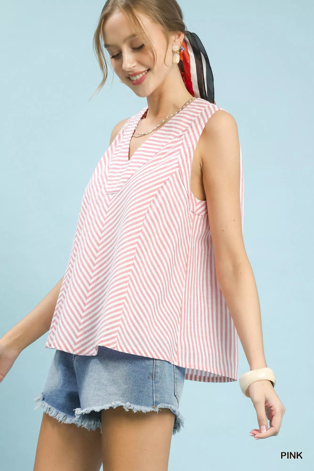Umgee Mixed Stripe Sleeveless V-Neck Top