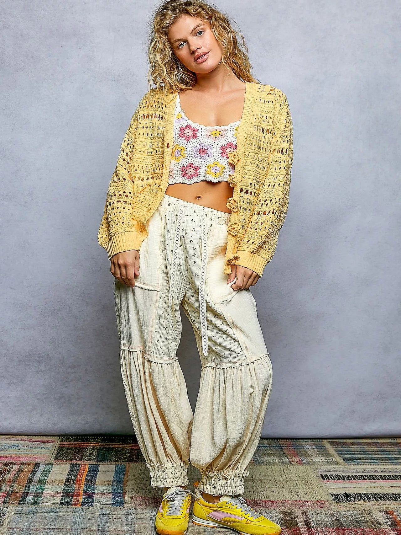 POL Open-Knit Floral Button Cardigan