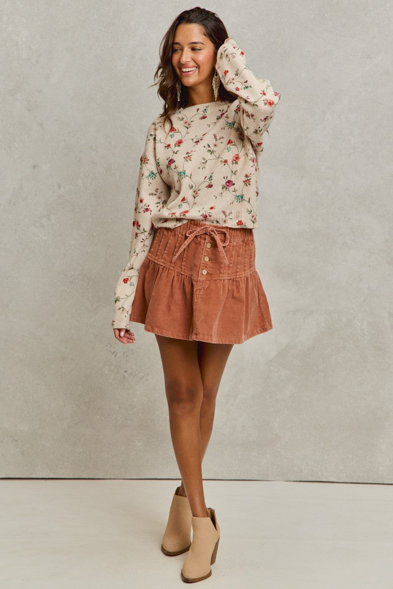 SO ME Mineral Wash Pintucked Corduroy Mini Flared Skirt