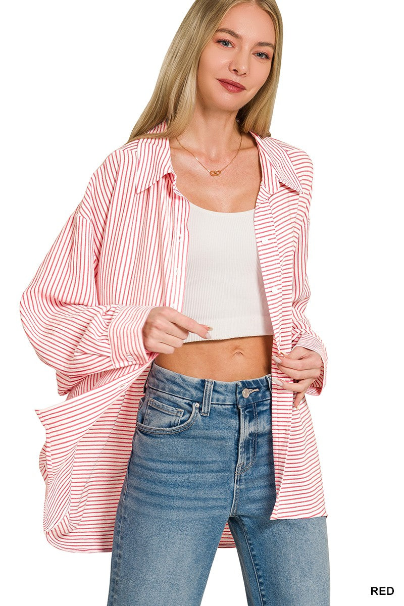 Zenana Woven Stripe Button Down Shirt